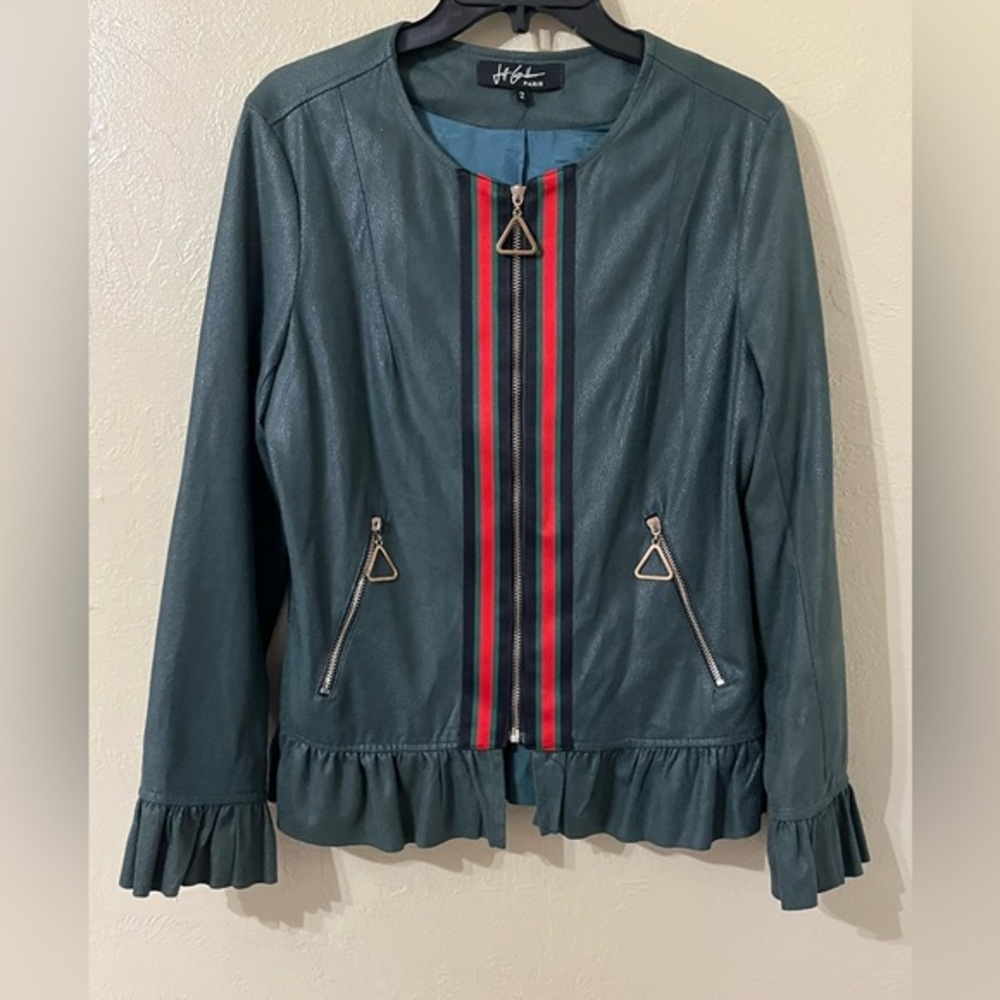 Jeff Gallano Paris Zipper Ruffle Faux Suede Jacket Size 2 Designer Classic